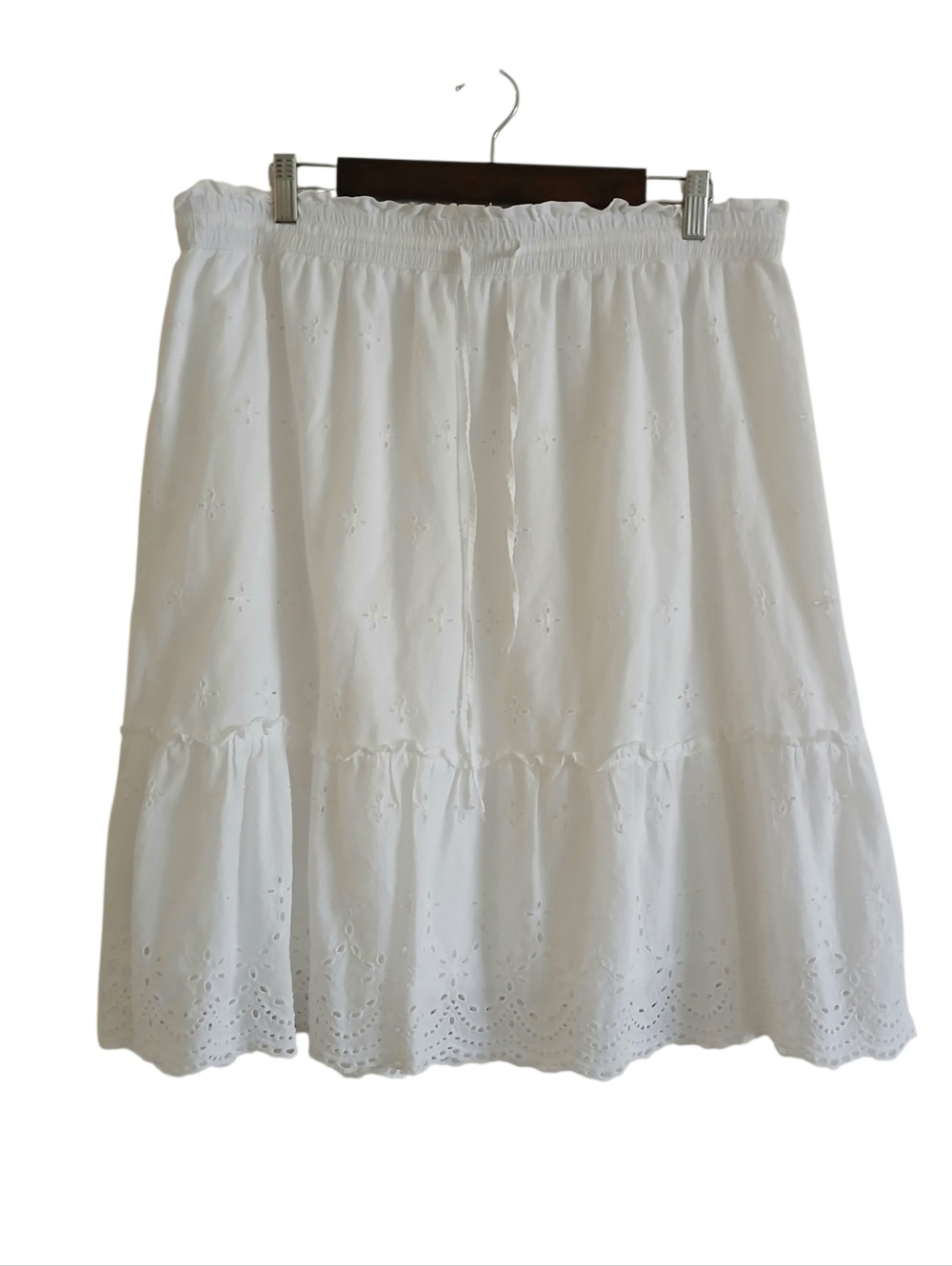 100% Cotton White Eyelet Skirt Women's XL Lined Tiered Cottagecore Prairie